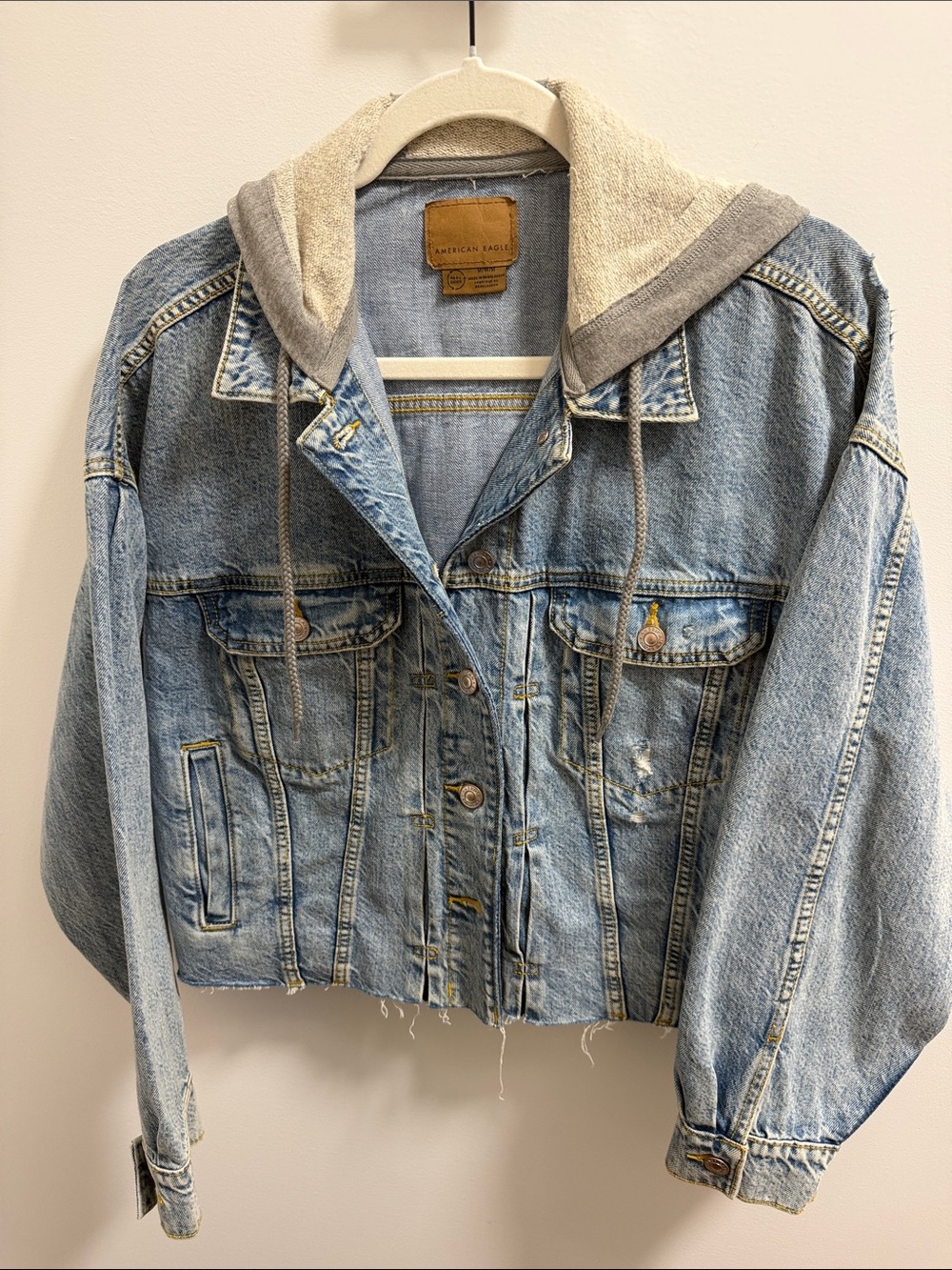 American Eagle Light Blue Denim Jacket with Brown Leather Label